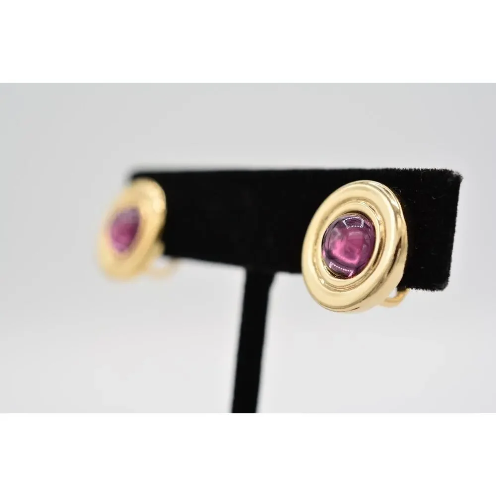 Vintage Cabochon Clip On Earrings Purple Round Gold Tone Jewelry Huggie 1980s 9L